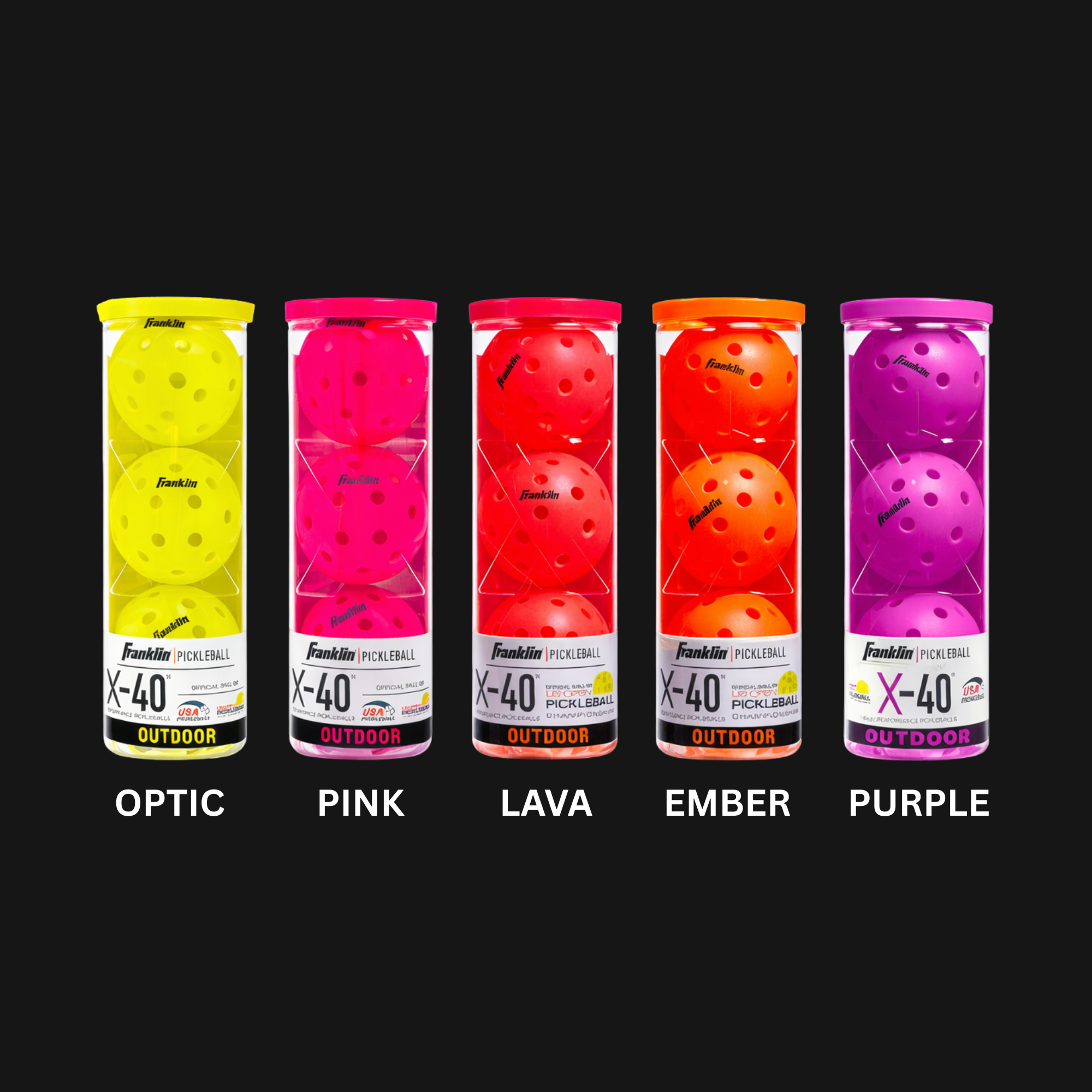 Franklin X-40 outdoor pickleballs in multiple colors