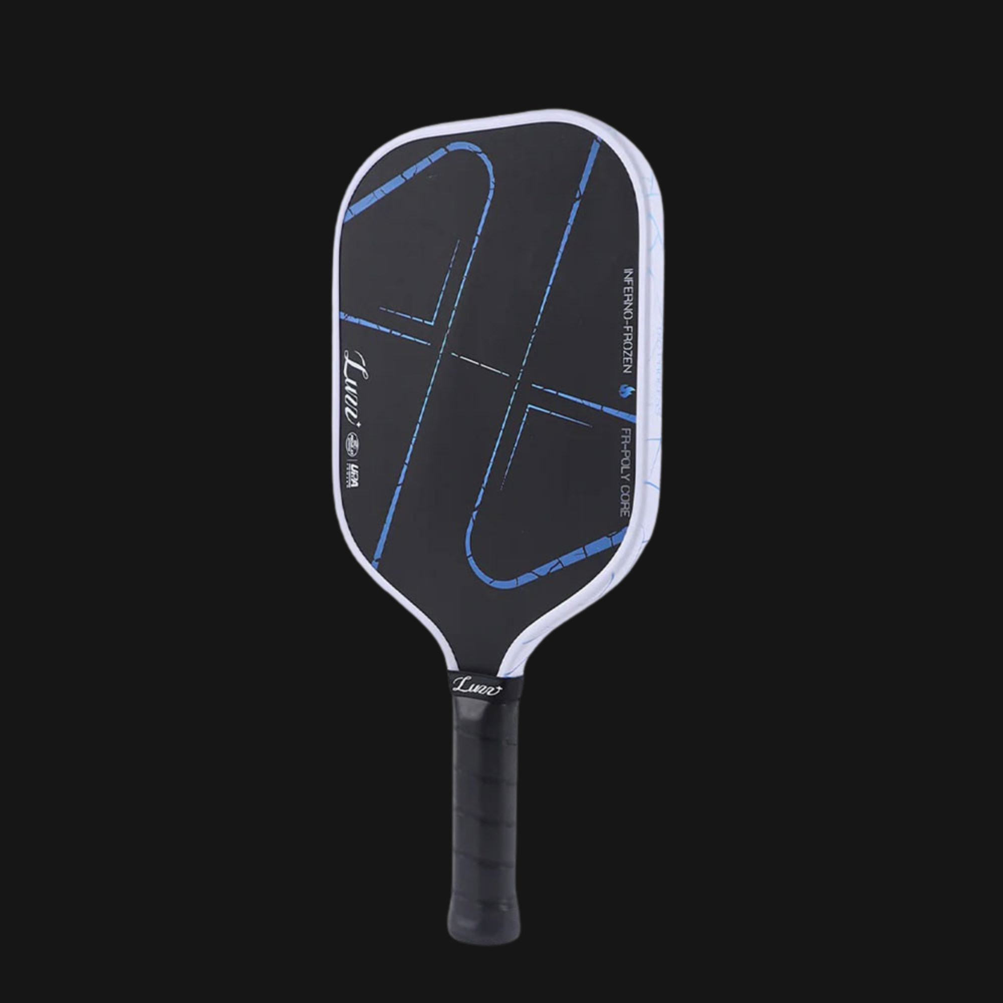 Luzz Inferno Frozen carbon fiber pickleball paddle with MPP-Z core and blue accents