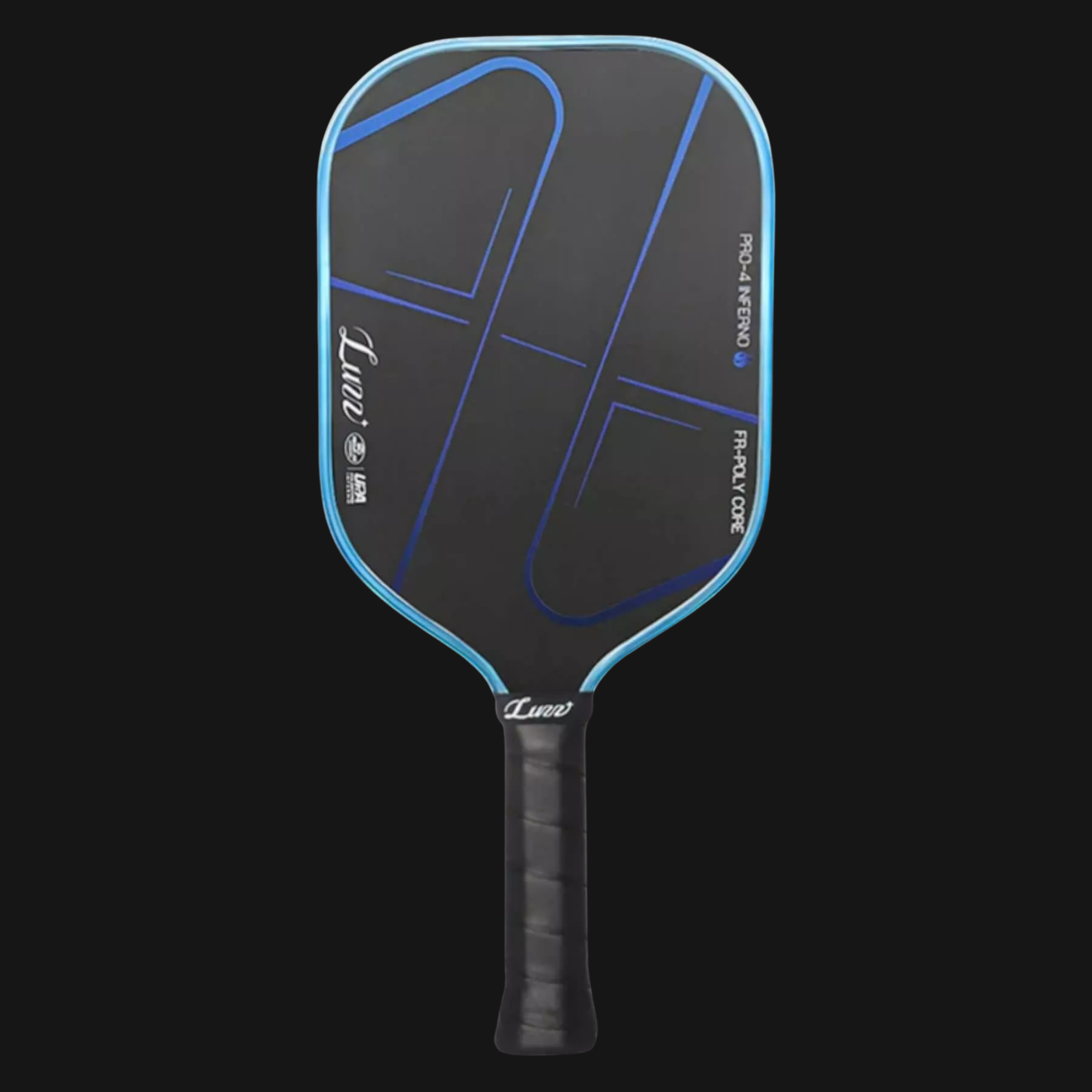Front view of Luzz Pro 4 Blue Blaze Inferno pickleball paddle