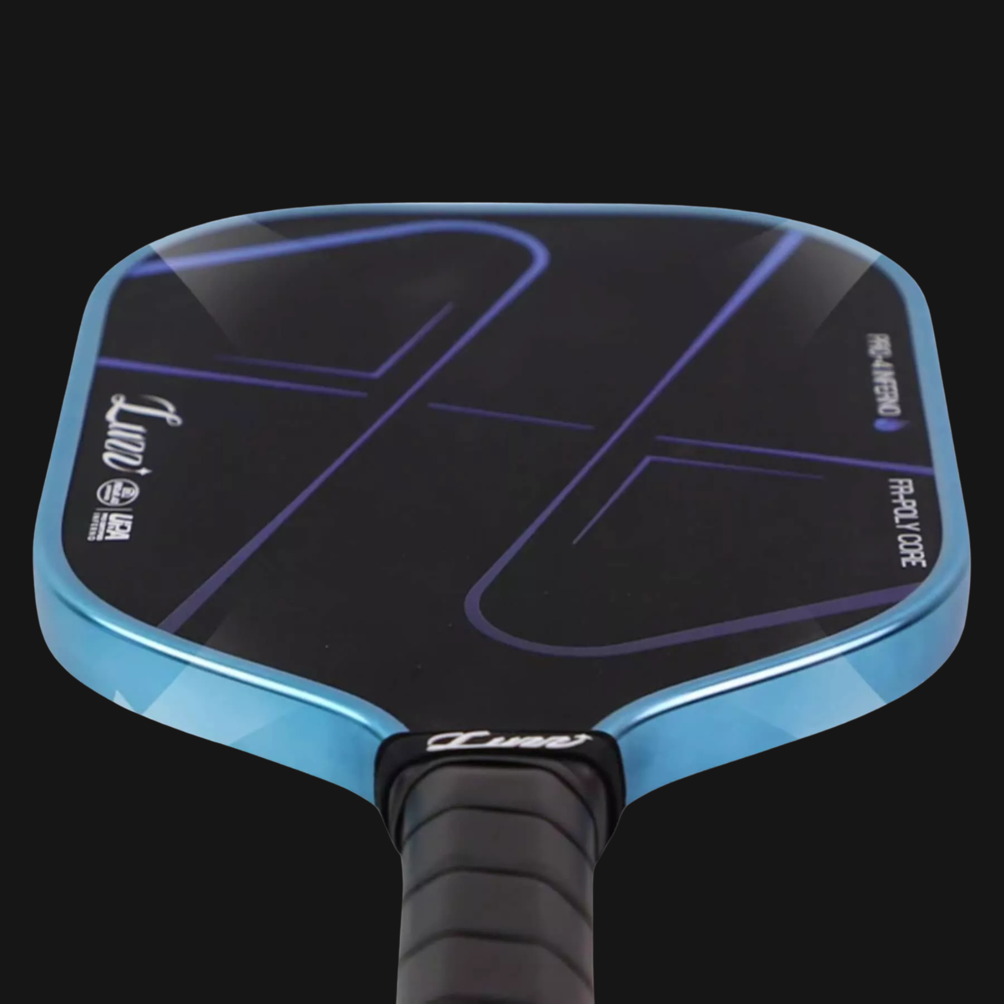 Luzz Pro 4 Blue Blaze Inferno carbon fiber pickleball paddle with MPP core and blue edge guard
