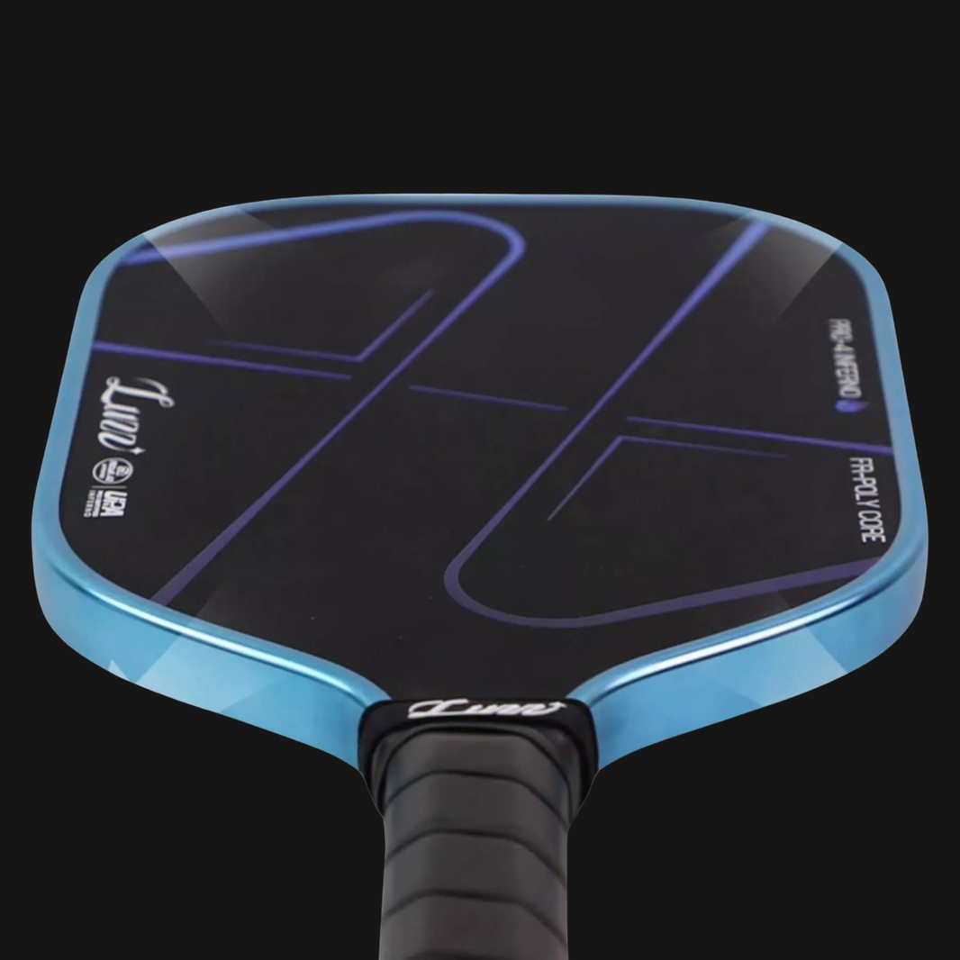 Luzz Pro 4 Blue Blaze Inferno carbon fiber pickleball paddle with MPP core and blue edge guard
